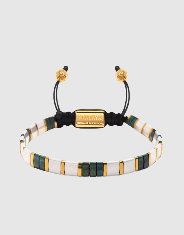 Nialaya Jewellery - Women's Bracelet with White, Patina Green and Gold Miyuki Tila Beads