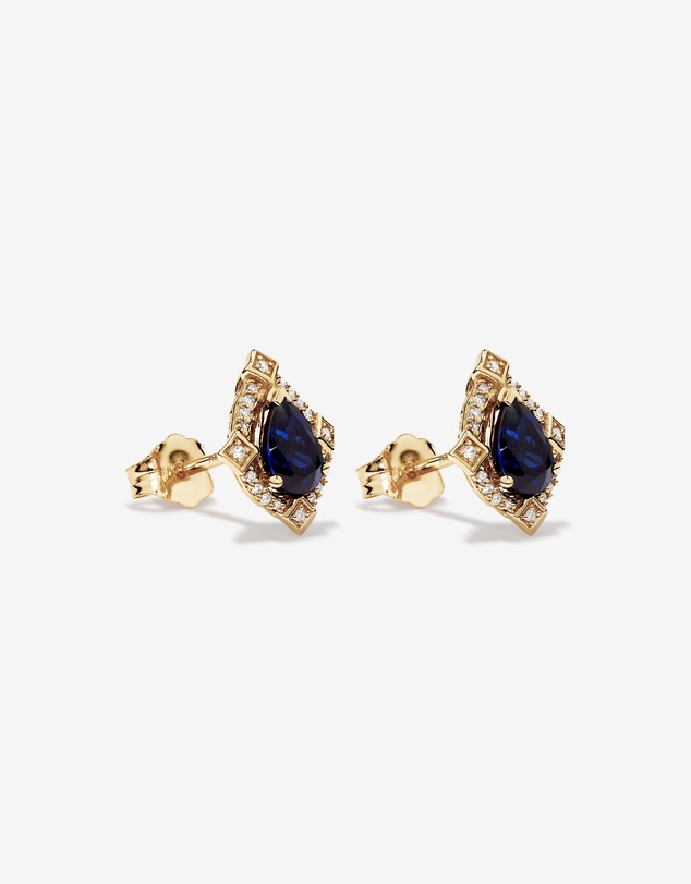 Michael Hill - Pear Cut Created Sapphire and Diamond Halo Stud Earrings in 10kt Yellow Gold