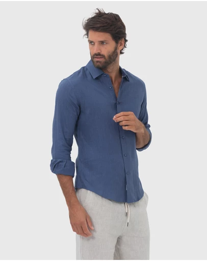 Coast Clothing - Long Sleeve Linen Shirt: Indigo Blue