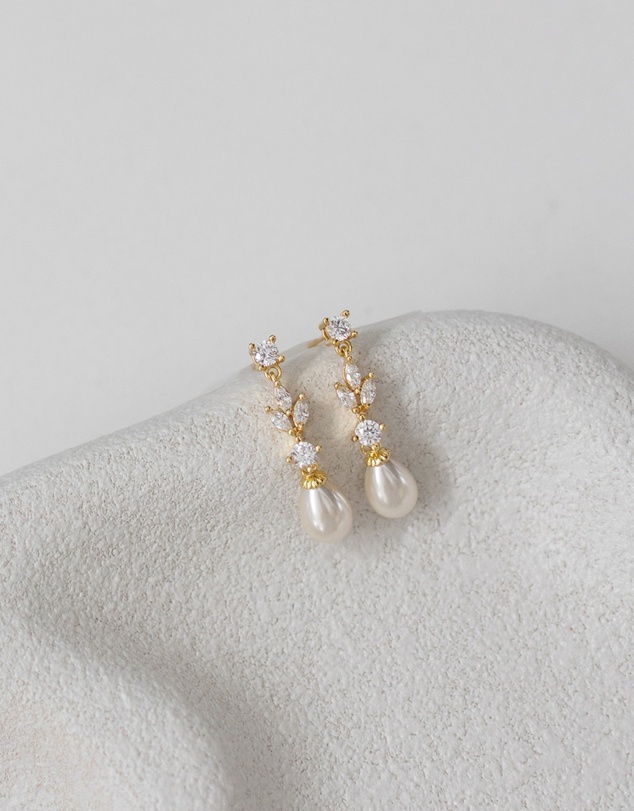 The White Collection - Hazel - Gold Pearl Bridal Drop Earrings