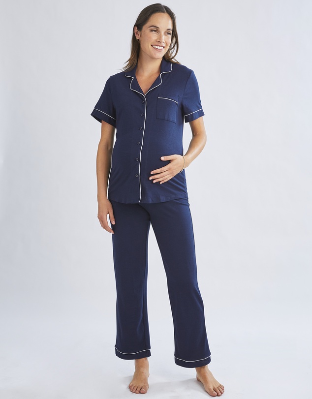 Angel Maternity - Maternity and Nursing Button Front Pajama Set in Navy