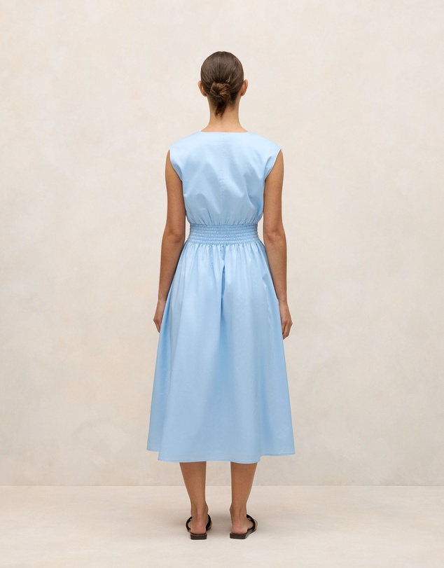 Trenery - Cotton Sateen Shirred Waist Dress in Blue Marble