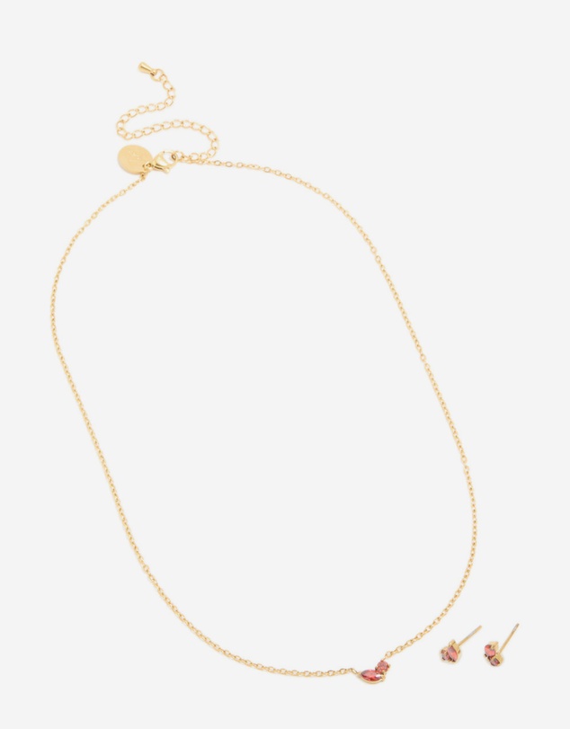 Lovisa - Waterproof Gold Plated Stainless Steel July Red Cubic Zirconia Birthstone Necklace & Earrings Set
