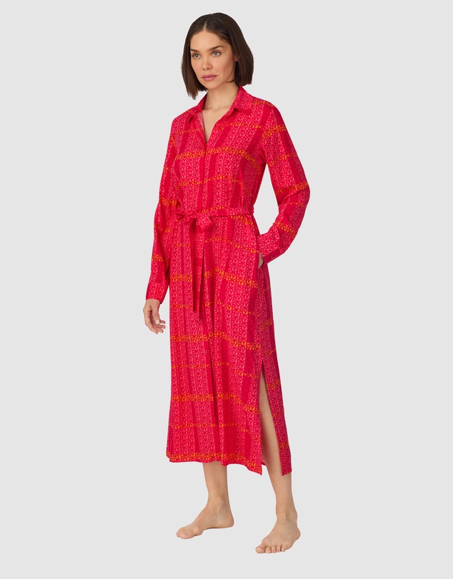 DKNY - Woven Viscose Midi Long-Sleeve Button Up Nightgown