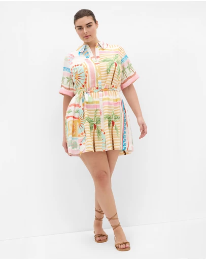 City Chic - Plus size Lia Sea Dream Placement Print Mini Dress - ivory