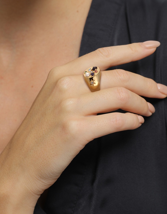 Elli Jewelry - Ring Women Signet Vintage Sapphire Moonstone Pearl 925 Sterling Silver Gold Plated