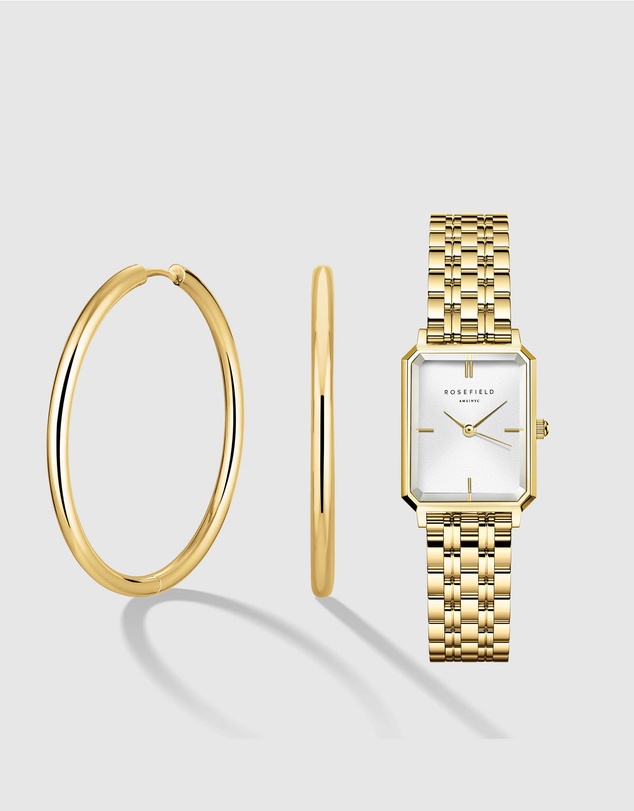 Rosefield - The Octagon XS - Gold Tone Watch and Hoop Earring Set