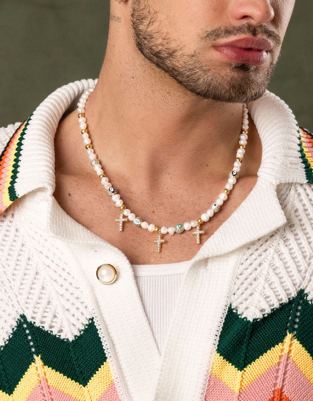 Nialaya Jewellery - Men's Cross Pearl Choker with Evil Eyes