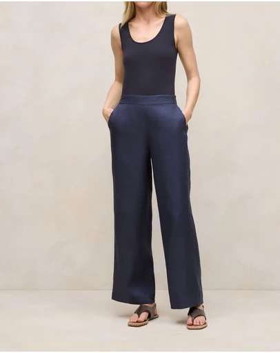 Trenery - Linen Flat Front Pant in Night Sky