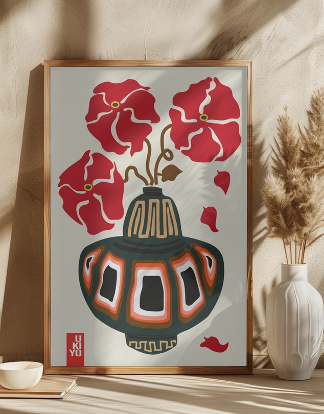 Olive et Oriel - Ukiyo Vase Flower Greige by Frances Collett Art Print