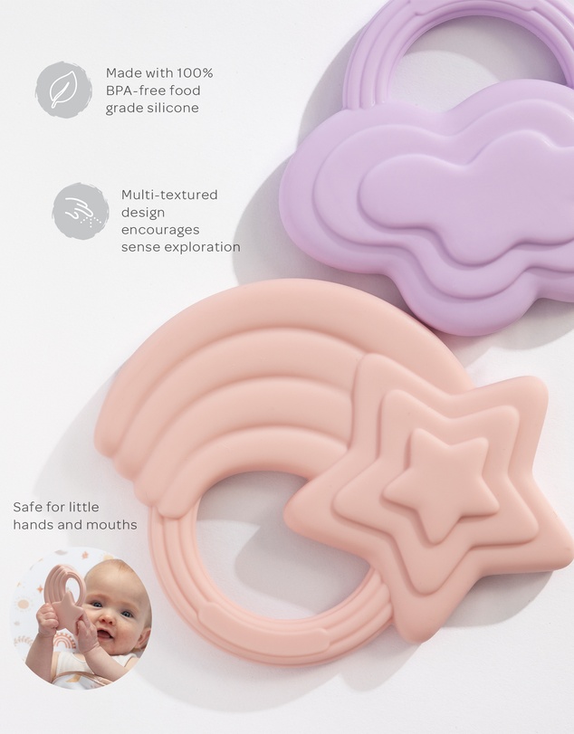 Playground - 2 Pack Silicone Teether - Stars & Cloud Pink