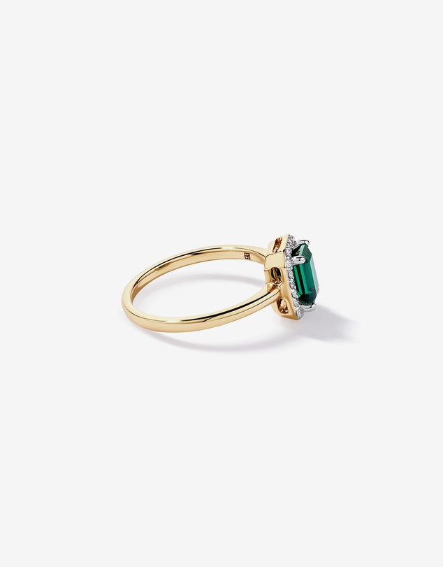Michael Hill - Created Emerald & 0.10TW Laboratory-Grown Diamond Halo Ring in 10kt Yellow Gold and Rhodium