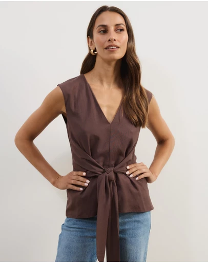 Atmos&Here - Liora Linen Blend Top with Tie