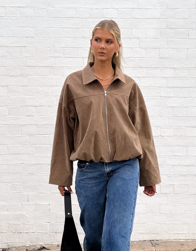 Beginning Boutique - River Brown Suedette Bubble Hem Bomber Jacket
