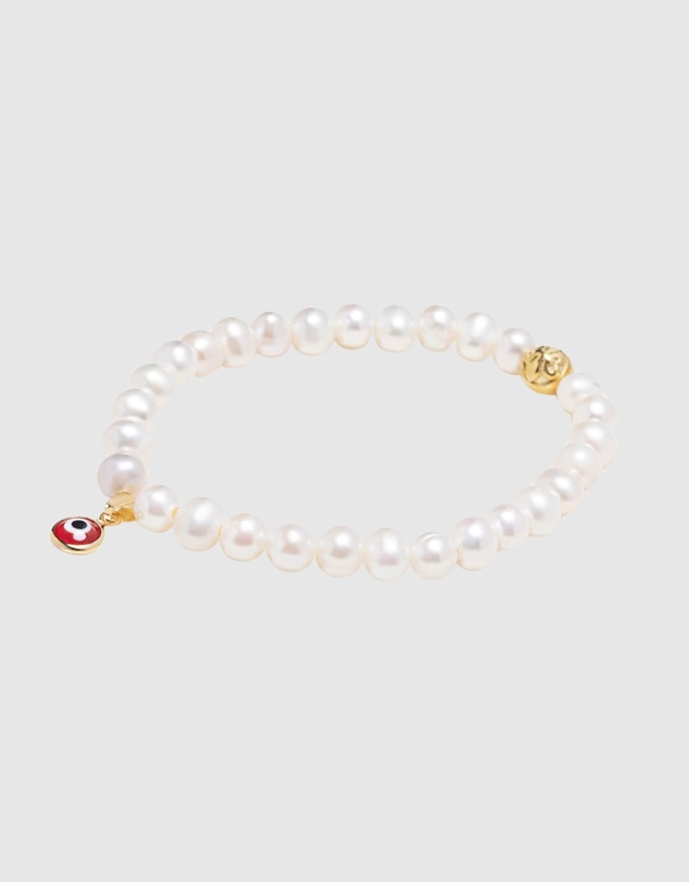 Nialaya Jewellery - Wristband with White Pearls and Red Evil Eye Charm