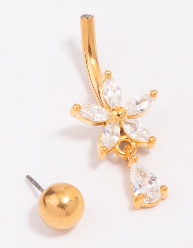 Lovisa - Gold Plated Titanium Cubic Zirconia Flower Pear Threadless Belly Bar