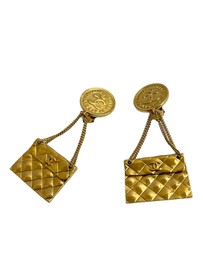 Pre-Loved by Azura Reborn - Pre-Loved CC Gold Plated Classic Quilted Flap Medallion Clip On Earrings