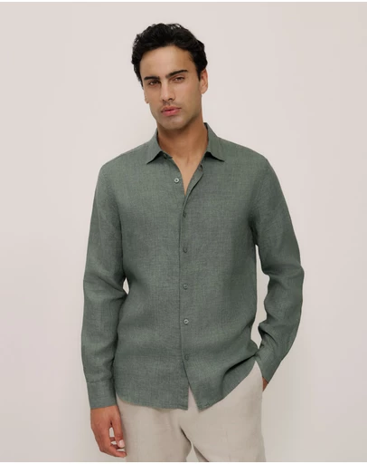 Trenery - Tailored Fit Delave Linen Shirt in Evergreen