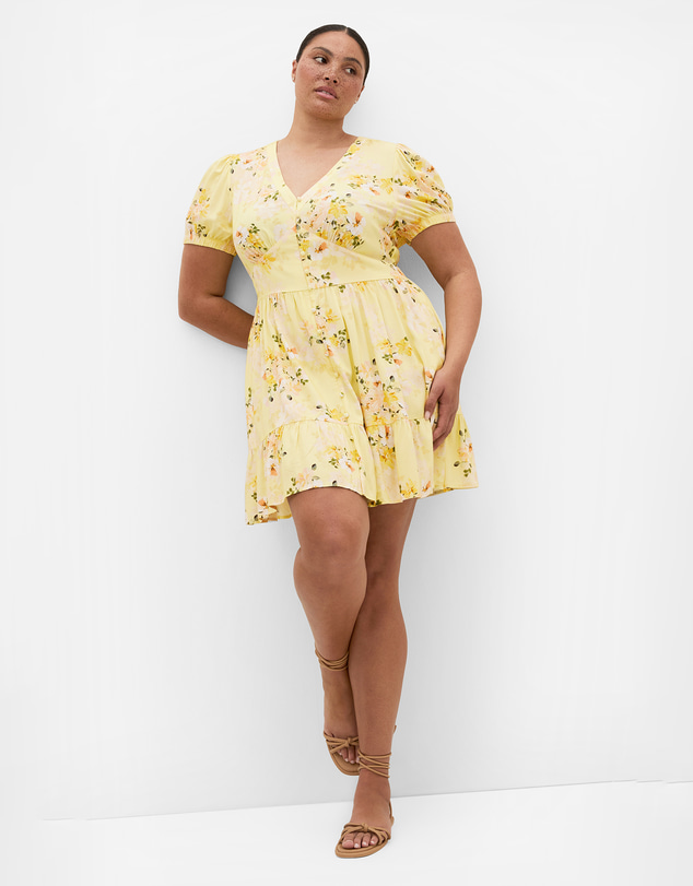 City Chic - Plus size Elsie Blossom Print Short Sleeve Mini Dress - lemon