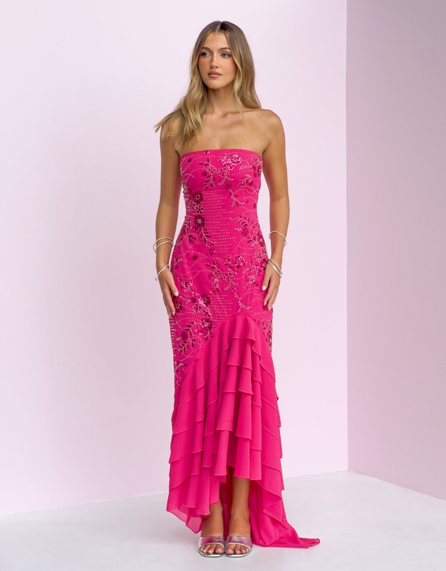 Beginning Boutique - Khai Pink Ruffle Maxi Scarf Beaded Dress