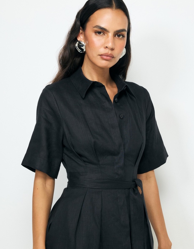 Revibe - Repaired AERE Orien Tuck Waist Linen Shirt Dress - AU 10