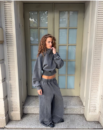 SSAINT - SŚAINT Acid Wash 1/4 Zip Crop Jumper Charcoal