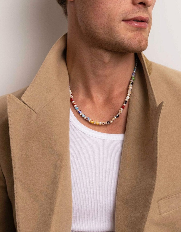 Nialaya Jewellery - Men's Pearl Necklace with Hand-Painted Glass Beads