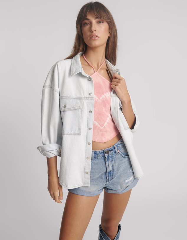 ONE TEASPOON - Hand-Sprayed Smiley Daria Denim Shacket - Bel Air Blue