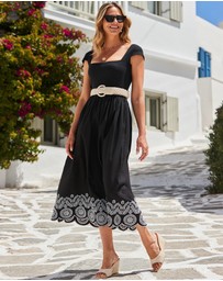 Sosandar - Embroidered Hem Square Neckline Midi Dress