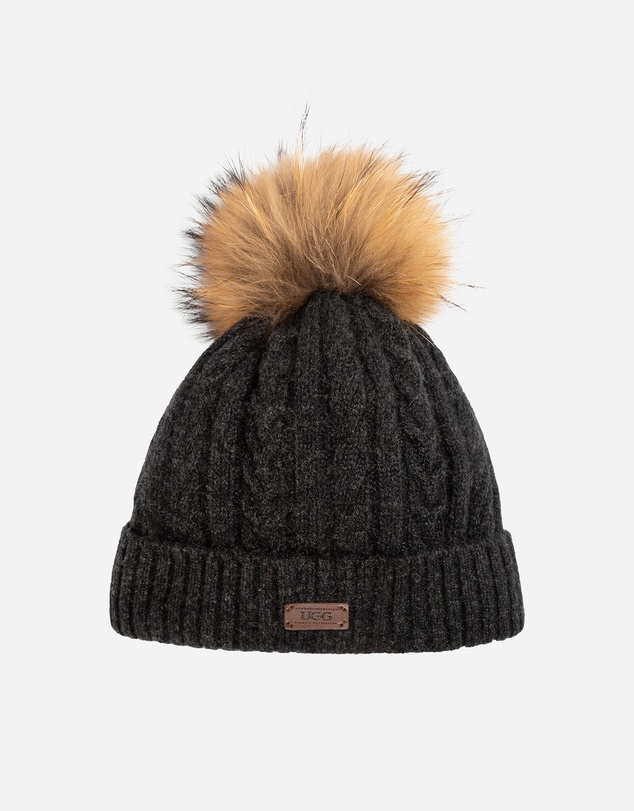 Ozwear Connection Uggs - Ugg Cable Knit Pure Cashmere Beanie With Detachable Pom Pom (Raccoon)