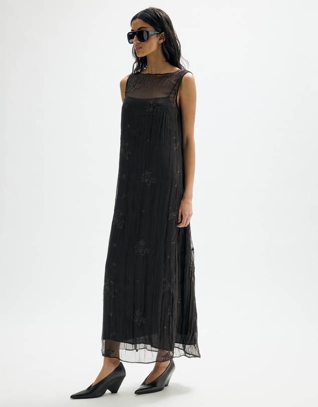 Minima Esenciales - Mila Embroidered Plisse Sheer Maxi Dress