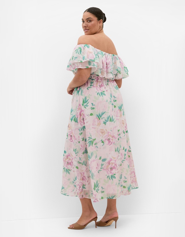 City Chic - Plus size Poetic Floral Print Off Shoulder Maxi Dress - soft pink