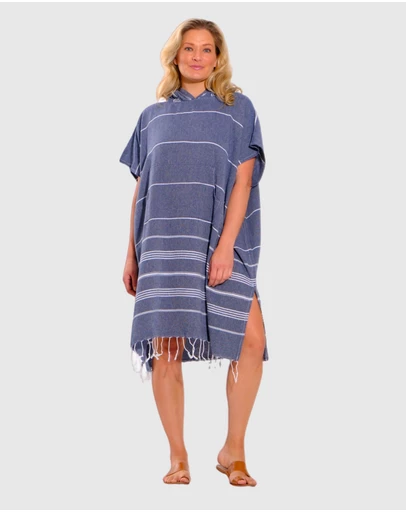 Tolu Australia - Adult Hooded Beach Towel in Navy Stripes – Quick-Dry Swim Poncho for Swimming & Surfing