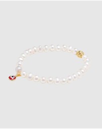 Nialaya Jewellery - Wristband with White Pearls and Red Evil Eye Charm