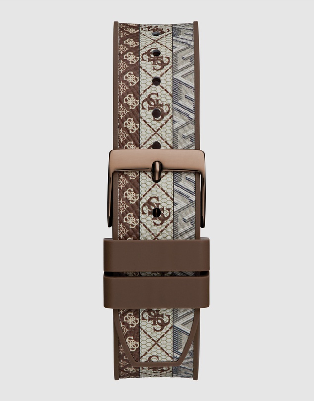 GUESS - ICONIC 40TH Logo 39mm Silver-Tone Case Brown Silicone Strap