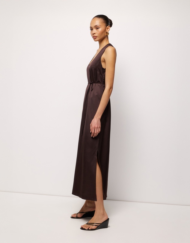 AERE - Sable Satin U Neck Midi Dress