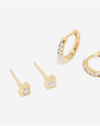 Lovisa - Waterproof Gold Plated Stainless Steel Cubic Zirconia Simple Stud & Huggie Earrings 3-Pack