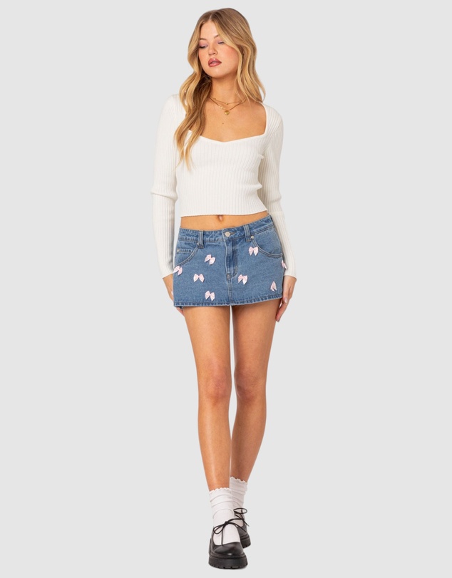 EDIKTED - Alivia Satin Bow Denim Micro Skort