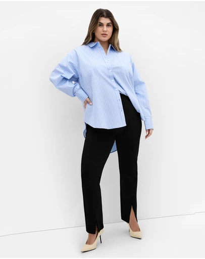 City Chic - Plus size Chiara Oversized Longline Stripe Cotton Shirt - sky blue