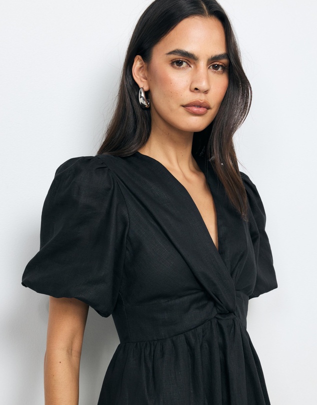 AERE - Ivy Puff Sleeve Linen Midi Dress