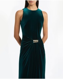 Carla Zampatti - Hunter Green Velvet Gold Detail Maxi Dress