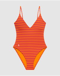 Polo Ralph Lauren - Stripe Cable-Motif V Neck One-Piece Swimsuit