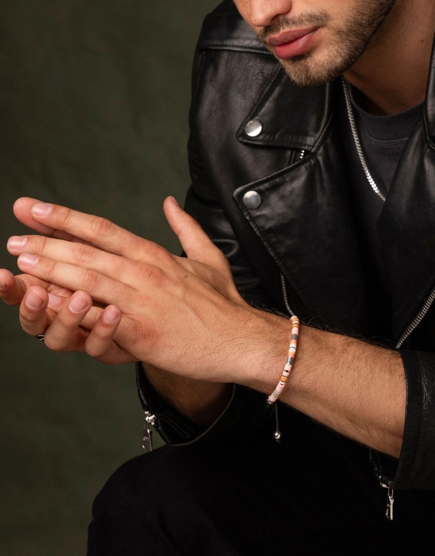 Nialaya Jewellery - Men's Beaded Bracelet with Pink and Silver Disc Beads