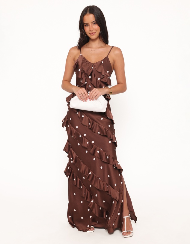 Petal & Pup - Ciao Ruffles Maxi Satin Dress - Brown Polka Dot
