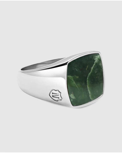 Nialaya Jewellery - Men's Silver Signet Ring with Green Jade