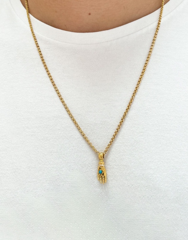 Nialaya Jewellery - Men's Hand Pendant with a Small Turquoise Gemstone in Gold