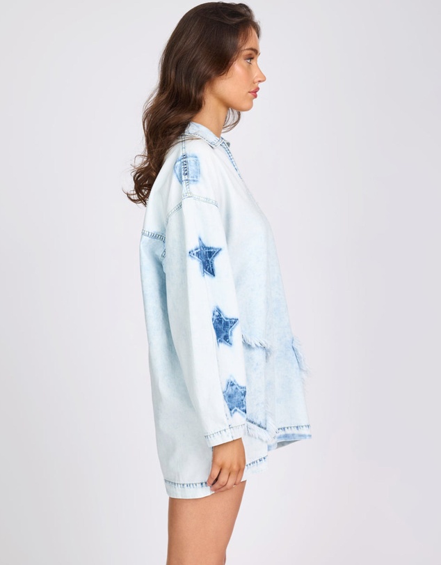 ONE TEASPOON - Le Captain Star Pullover Denim Mini Shirt Dress - Depeche Blue