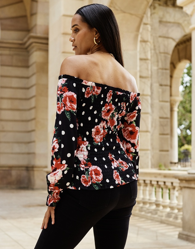 Sosandar - Floral Print Shirred Body Bardot Top