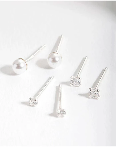 Lovisa - Sterling Silver Cubic Zirconia Pearl Stud Earring Pack