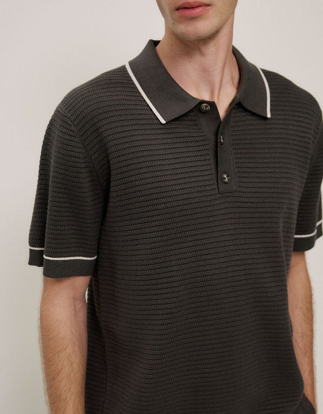 Trenery - Textured Cotton Tipped Knit Polo in Dark Olive